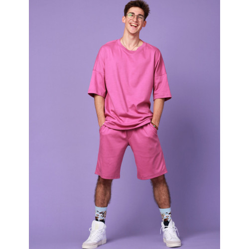 Костюм летний Oversize унисекс Футболка + Шорты трикотажные сирень фуксия однотонный
