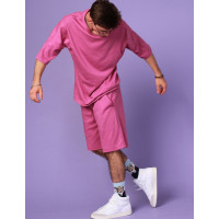 Костюм летний Oversize унисекс Футболка + Шорты трикотажные сирень фуксия однотонный