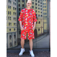 Красный костюм Футболка + Шорты трикотажные Oversize летний спортивный с мультяшным принтом