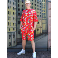 Красный костюм Футболка + Шорты трикотажные Oversize летний спортивный с мультяшным принтом