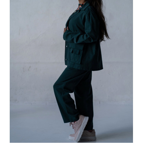 Котоновый женский зеленый Casual костюм штаны широкие + куртка рубашка Korobko