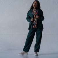 Котоновый женский зеленый Casual костюм штаны широкие + куртка рубашка Korobko