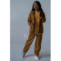 Котоновый женский желтый Casual костюм штаны широкие + куртка рубашка Korobko