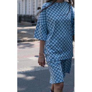 Костюм женский летний Футболка + Шорты Оверсайз синий в клетку