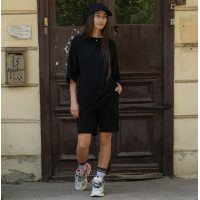 Костюм женский летний Футболка + Шорты Оверсайз черный однотонный Korobko